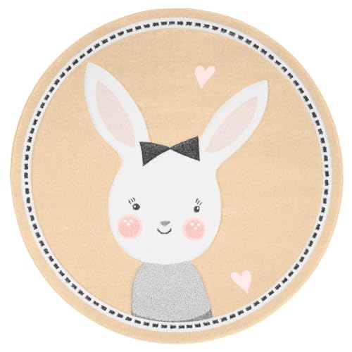 Rug-QJDDUP Alfombra Redonda Decorativa habitación Infantil niñas niños, Rosa Negro Gris Beige Blanco Conejo Animal Print diseño Moderno, Pelo Corto Suave, fácil de Limpiar,Beige, ø 80 cm