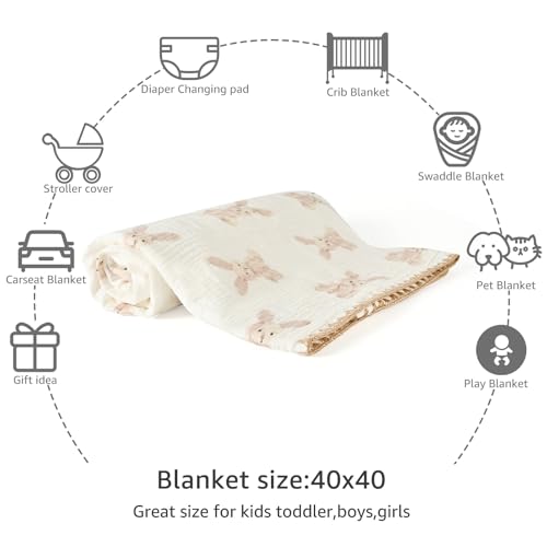 Image of Baby Blanket 40x40 Inches,Muslin Cotton and Minky Dotted Double Layer Soft Receiving Blanket for Newborn Toddler,Bunny