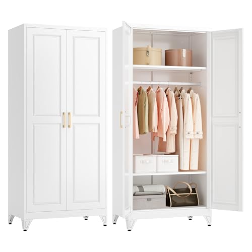 Polup Metal Armoire Wardrobe Closet with Doors and Shelves, 71' Tall Freestanding Wardrobe Cabinet for Hanging Clothes, Large Closet with Hanging Rod for Bedroom, Office, School, Employee, Gym, White