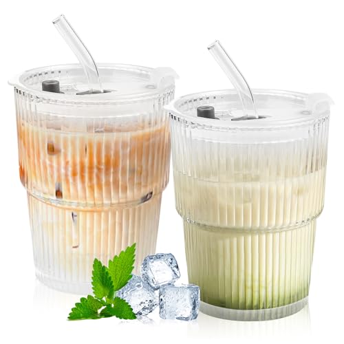 Fonyet 2 copos de vidro com tampa e canudo, 400 ml, copo de vidro para batidos, copos de matcha, copos de café herméticos, design impermeável para leite, chá, latte, coquetéis, uísque