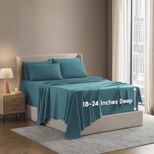 Image of Nestl Extra Deep Queen Sheet Set - 6 Piece Breathable & Cooling Sheets - Hotel Luxury Bedding Set w /18-24 Inch Deep Pockets - Easy & Secure Fit - Super Soft, Wrinkle Free & Comfy - Teal