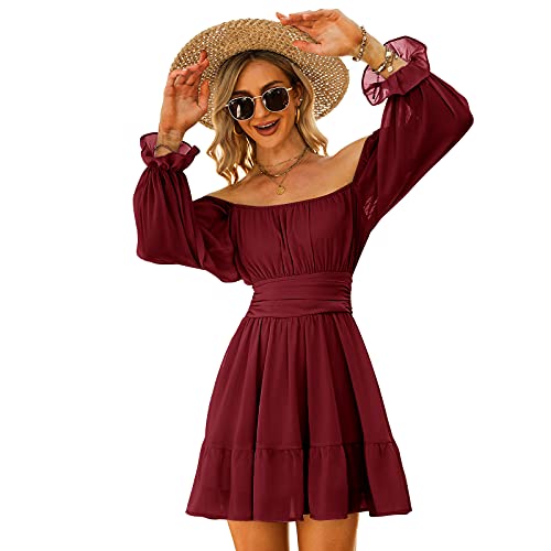 EXLURA Women Tie Back Long Lantern Sleeve Square Neck Ruffle Dress Elastic Waist Aline Casual Mini...