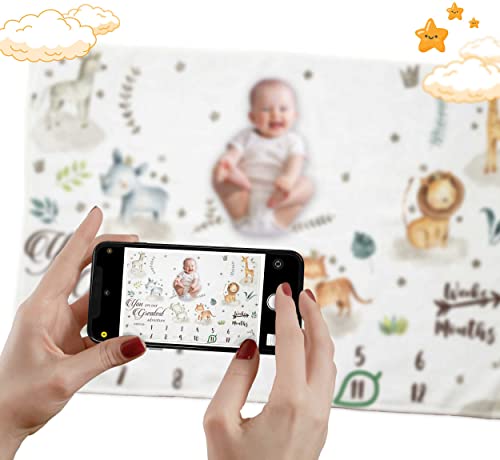 Pavo Baby Milestone Blanket - Baby Monthly Milestone Blanket For Boys Girls - Safari Milestone Blanket Baby Month - Neutral First Year Growth Months Chart - Premium Shower Gifts For Newborn 60"X40" #TOP2