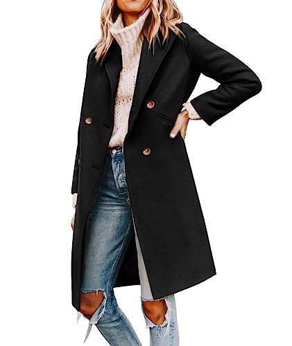 ECDAHICC Women's Winter Wool Blend Coat Notch Lapel Double-Breasted Mid Long Trench Coat Outwear