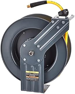 AmazonCommercial Retractable Air Hose Reel, Heavy-Duty Steel, 9.5 mm x 15 m Hybrid Polymer Hose, Max. 20 BAR - Grey, Yellow, Black