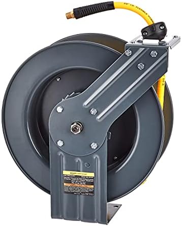 AmazonCommercial Retractable Air Hose Reel, Heavy-Duty Steel, 9.5 mm x 15 m Hybrid Polymer Hose, Max. 20 BAR - Grey, Yellow, Black