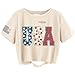 Women's Floral USA Crop Tops 4th of July Funny USA Flower Graphic Tee Summer Patriotic Distressed Ripped T-Shirt(M,02AApricot)