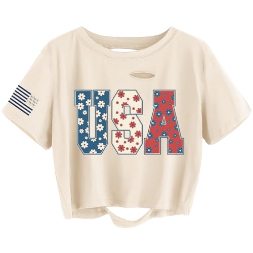 Womens Floral USA Crop Tops 4th of July Funny USA Flower Graphic Tee Summer Patriotic Distressed Ripped T-Shirt(L 02AApricot)