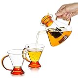 Glass Teapot Set with 2 Cups, Clear Glass Tea Pot for Stove Top with Removable Infuser, (500ML/17OZ) Decorative and Modern Tea Maker Microwave Safe Home Kitchen Use