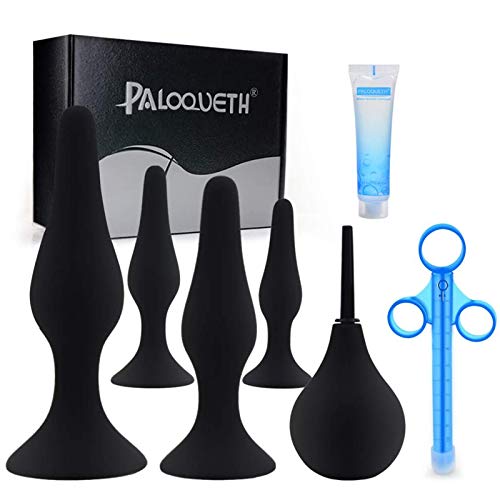 Butt Plug Training Kit for Beginners Experienced Users, PALOQUETH Anal Sex Toy Set with Suction Cup for Safe Hands Free Anal Play 4 Plugs 1 Lube Shooter 1 Bulb Enema 1 Lube 25g
