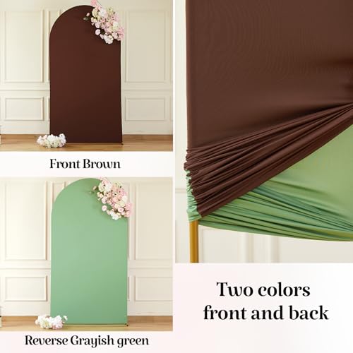 Image of Brown Green Arch Backdrop Cover for Wedding, 7.2FT 6FT Set of 2 Stretchy Spandex Fitted Arch Stand Cover for Baby Shower, Birthday Party Decor, Chiara Backdrop Cover with Double-Sided Design