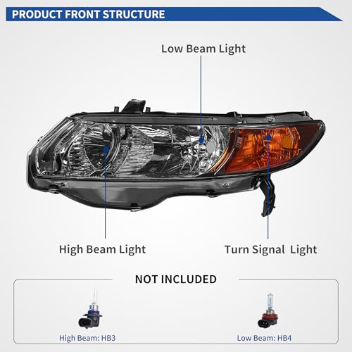 Image of oEdRo Headlight Assemblies Compatible with 2006 2007 2008 2009 2010 2011 Civic 2 Door Coupe Headlamps Chrome Housing Amber Reflector Smoke Lens