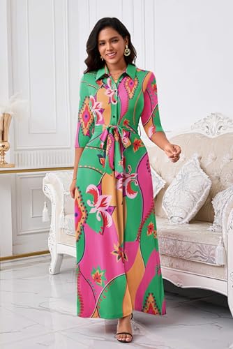 Image of Rumwind Maxi Dresses for Women, 3 /4 Sleeve Shirt Collar Casual Afircan Print Church Dress Button Down with Belt and Pockets