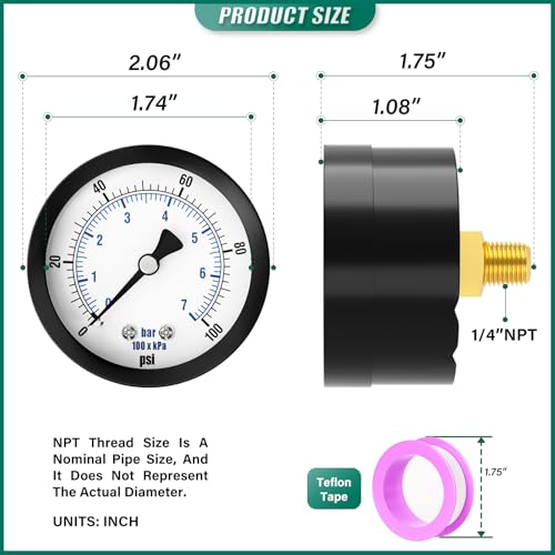 Image of 0-100PSI Well Pump Pressure Gauge 2 inch Dial Size, 1 /8 inch NPT Back Mount, 3-2-3% Accuracy, for Tube, Water Pump, Gas, Liquid, Pressure Test