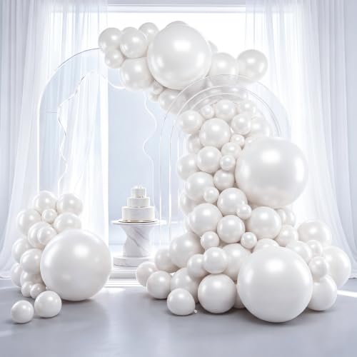 Image of RUBFAC 129pcs Pearl White Balloons Different Sizes 18 12 10 5 Inch for Garland Arch Kit, Latex Balloon for Wedding Engagement Anniversary Bridal Baby Shower Birthday Party Decoration