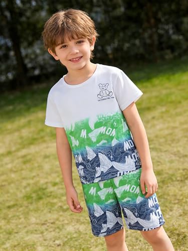 Image of Ayzozuy Boy Clothes Colorblock Top + Drawstring Waist Shorts 2 Pieces Kid Summer Outfits Set
