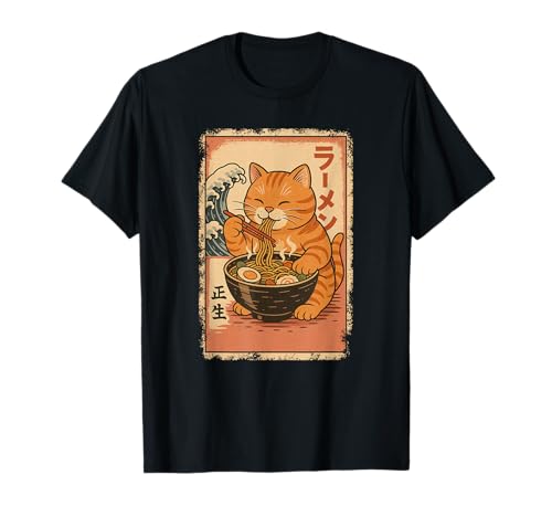 Orange Tabby Cat Eats Ramen Noodles Japanese Vintage T-Shirt