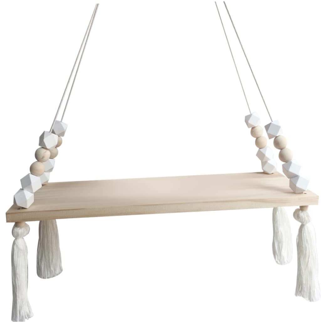 Hbbgdiy Floating Wall Shelf Hanging Rope Shelf Wooden Display Rack for Bedroom, Bathroom, Living Room, Decorative Nordic Swing for Plants and Small Items