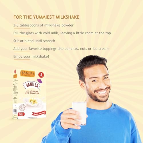 Image of BAKERS Milk Shake Mix Powder - Vanilla Flavor Pack of 4, Each 100g (400 Gram) | Instant Thick & Creamy Shake Mix | Rich & Delicious Dessert Drink | Ready to Mix with Milk | No Preservatives |Ready in 30 Sec