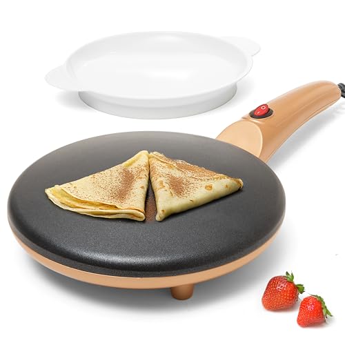 Image of Moss & Stone Gold Electric Crepe Maker, 8 inch Portable Nonstick Crepe Pan | Nonstick dipping plate, auto shut-off, on /off switch, even heating, automatic temperature control, compact design