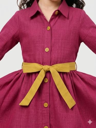 Image of A.T.U.N. (ALL THINGS UBER NICE) Girls 100% Cotton Shirt Dress with Belt | Solid Button-Down Dress with Collar Neck | Soft Breathable Kids Outfit for Girls
