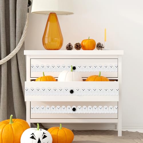 Image of Whaline 65.6Ft Halloween Bulletin Board Border Glitter White Ghost Die Cut Trim Border Roll for Spooky Chalkboard Wall Decor