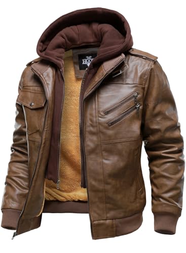 HOOD CREW Mens Casual Stand Collar PU Faux Leather Zip-Up Motorcycle Bomber Jacket With a Removable Hood