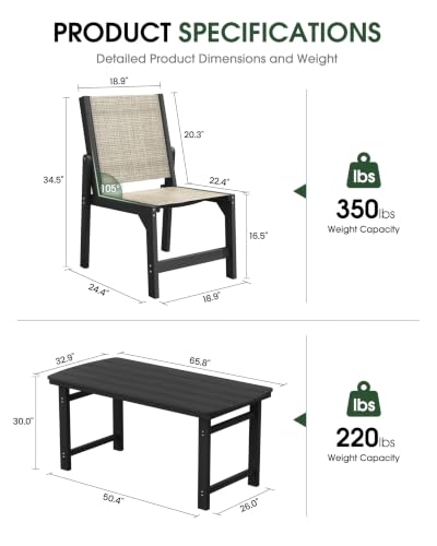 Image of HDPE Outdoor Patio Dining Set with Table & 4 Stackable Armless Textilene Chairs, All-Weather 5-Piece Patio Furniture Set with Umbrella Hole for Lawn & Garden, Poolside, Backyard | Black
