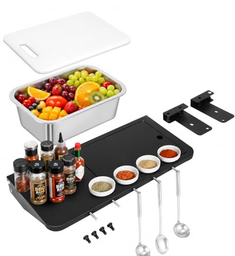 QuliMetal Folding Front Shelf for Traeger Pro 22 Pro 575 Ironwood 650 BAC362 Grill Front Table with Cutting Board Wash Basin Lid & 5 Hooks Steel BBQ Prep Shelf for Food Prep and Storage