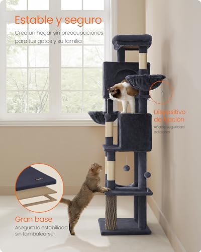 Feandrea Árbol Grande para Gatos, Torre para Arañar de 175 cm de Altura, Multinivel con 2 Cuevas, 2 Cestas, 5 Rascadores, Alfombra, Plataforma, Hamaca, Gris Oscuro PCT182G02 - imagen 8