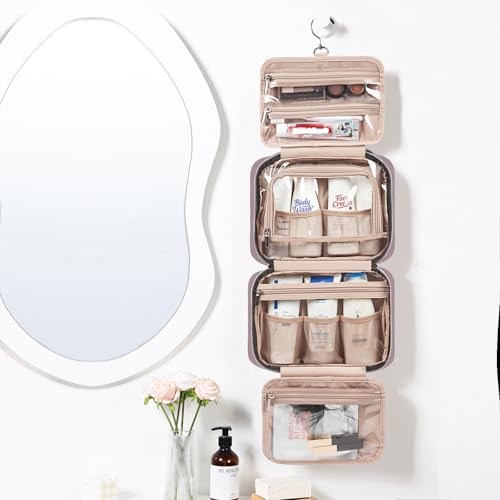 Image of NISHEL Travel Toiletry Bag for women, Portable Hanging Organizer for Travel-Sized Shampoo, Conditioner, Brushes Set, Makeup Accessories, Medium Size, Peach Pink