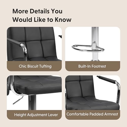 Image of HealSmart Bar Stools Set of 2, Adjustable Swivel Bar Chairs with Cushioned Armrests & Ergonomic Backrest, Water-Resistant PU Leather for Kitchen Island Counter Pub Dining Room, Black