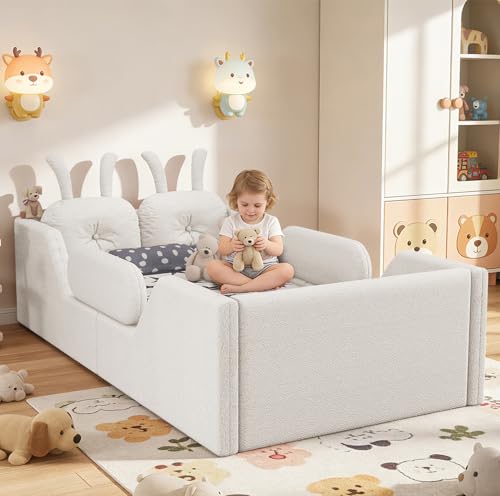 Image of Twin Size Kids Floor Bed Frame, Upholstered Montessori Platform Bed W /Removable Rails Cute Daybed Frame for Girls Boys, No Box Spring Required,Beige