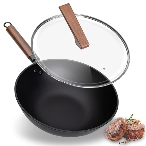 Sartenes, Kitchen Sartén Wok de 13 Pulgadas con Tapa, Wok de Acero al Carbono para Estufas de Inducción, Eléctricas y de Gas