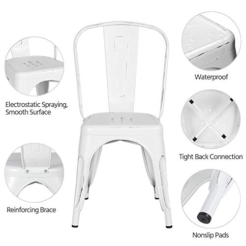 Yaheetech Metal Kitchen Dining Chairs Indoor-Outdoor Distressed Style Stackable Side Coffee Chairs in Distressed White, Set of 4