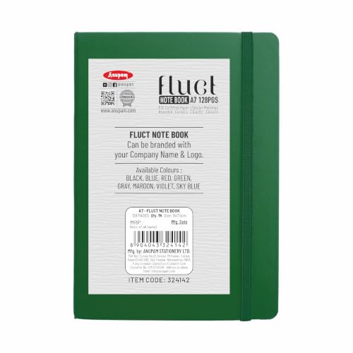 Image of Anupam Fluct A7 Hard Bound Journal | 128 Pages 80gsm | Matte Finish PVC Cover Aesthetic Diary | pH Neutral & Acid Free Ruled Paper | Matching Elastic Lock | For Journaling (Pack of 2 Green)