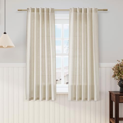 Image of Nanspring Beige Linen Curtains 63 inches Long for Bedroom Back Tab Sheer Beige Curtains Modern Farmhouse Coastal Decor Cotton Textured Gauze Curtain for Bathroom 2 Panel Set 38x63