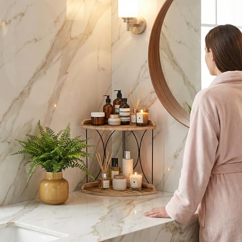 Image of Goaste 2-Tier Bathroom Counter Organizer, Wood Vanity Corner Shelf, Skincare Storage Standing Tray, Kitchen Countertop Spice Rack, Makeup Perfume Holder for Bathroom Organization, Dresser, Kitchen