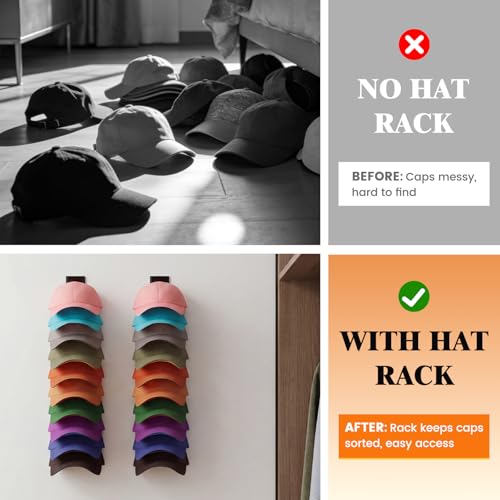 YOUDENOVA Hat Organizer for Baseball Caps, 2 Pack Hat Rack for Wall, Black - image 6