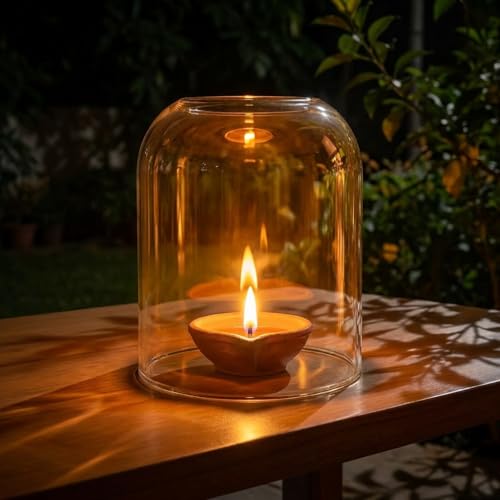 Image of Curved Transparent Borosilicate Glass Shade for Tealight Diya | Decorative Diya Cover for Mandir, Pooja, Bedroom & Home | Gift Accessory | 3 inches Height, 2.7 inches Width
