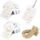 SallyFashion 100PCS Gold Stamp Gift Tags with Strings - White Paper Tags Hanging Labels for Wedding, Bridal Party, Baby Shower, Invitation, Thanksgiving