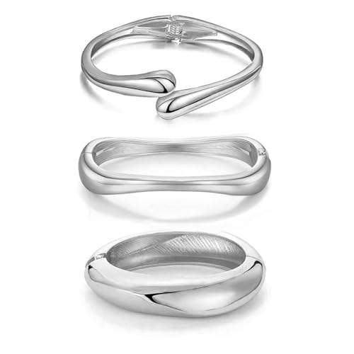 Image of MTINEAPS Gold Bangle Bracelets for Women Teens Trendy Chunky Adjustable Twist Cuff Bracelet Jewelry Gifts (Silver-3 Sets)