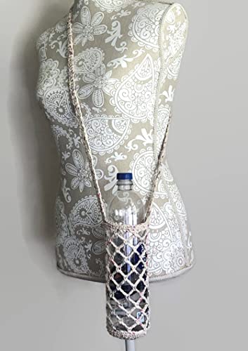 Cotton Crochet Crossbody Water Bottle Bag Pastel Fleck Beige Drink Carrier Sling4