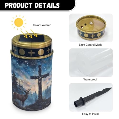 Image of Poceacles 2 Pieces Cross Solar Powered Outdoor Lights Cemetery Solar Candle Solar Memorial Lights Outdoor Waterproof Landscape Lights for Yard Patio Lawn Outdoor Home Decor, Deer Cross Galaxy Blue