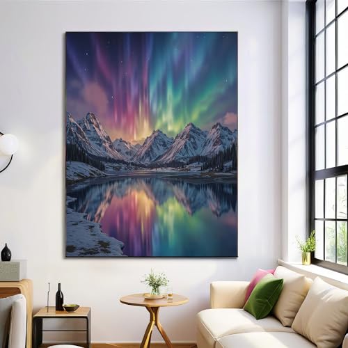 Décoration murale toile tableau paysage de montagne enneigée aurore boréale 80x120cm