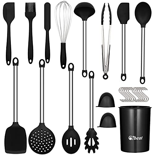 27PCS Kitchen Utensils Set with Holder, Silicone Cooking Utensils Gadget, Kitchen Spatula Set with Stainless Steel Handle, Nonstick and Heat Resistant