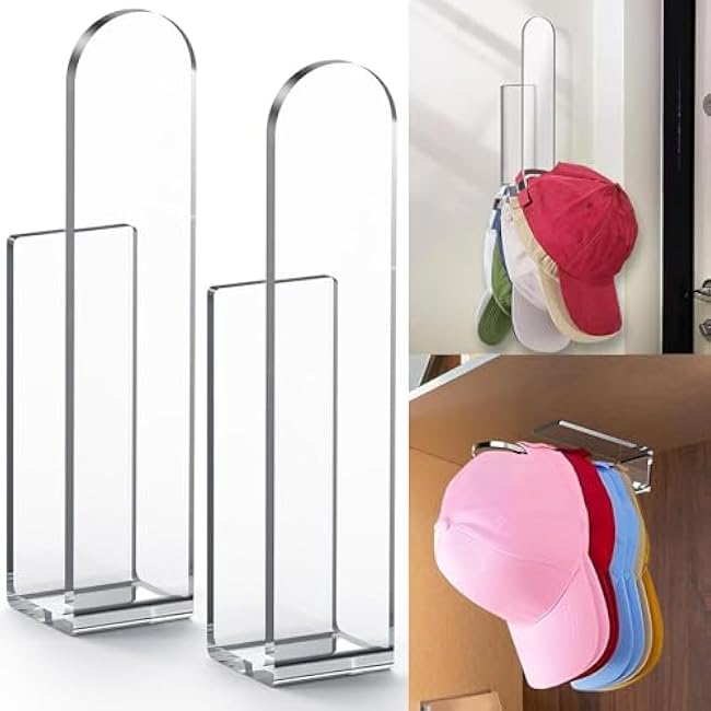 Hat Rack,2 Pack Acrylic Hat Organizers for Baseball Caps and Accessories Strong Adhesive Hat Holders for Wall Door Closet