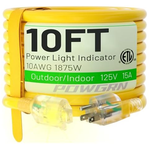 POWGRN 10 Ft 10/3 Outdoor Extension Cord Waterproof Heavy Duty 10 Gauge 3 Prong, Flexible Cold-Resistant Power Cord Indoor & Outside with Lighted Indicator End, 15Amp 1875W SJTW Yellow ETL Listed Cover