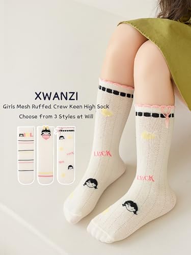 Girls Socks Ribbed Cuffs Keen High Crew Socks Cartoon Bow Flower Mesh Knit Cotton Colorful Socks for Girls 3 Pairs4
