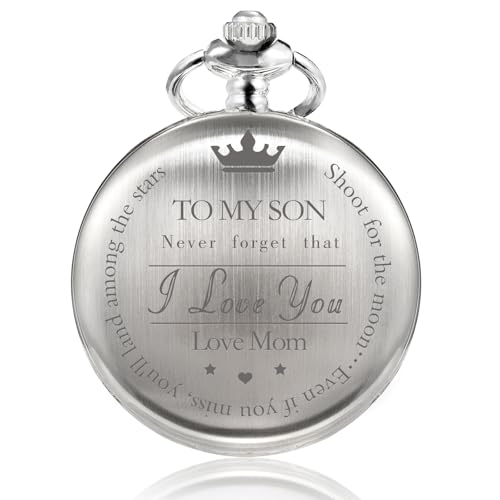 TREEWETO Pocket Watch to My Son | Mother and Son - Graduation Gifts for Him - Engraved “to My Son Love Mom” Pocket Watches - for Son from Mom for Christmas, Valentines Day, Birthday, Silver, vintage,